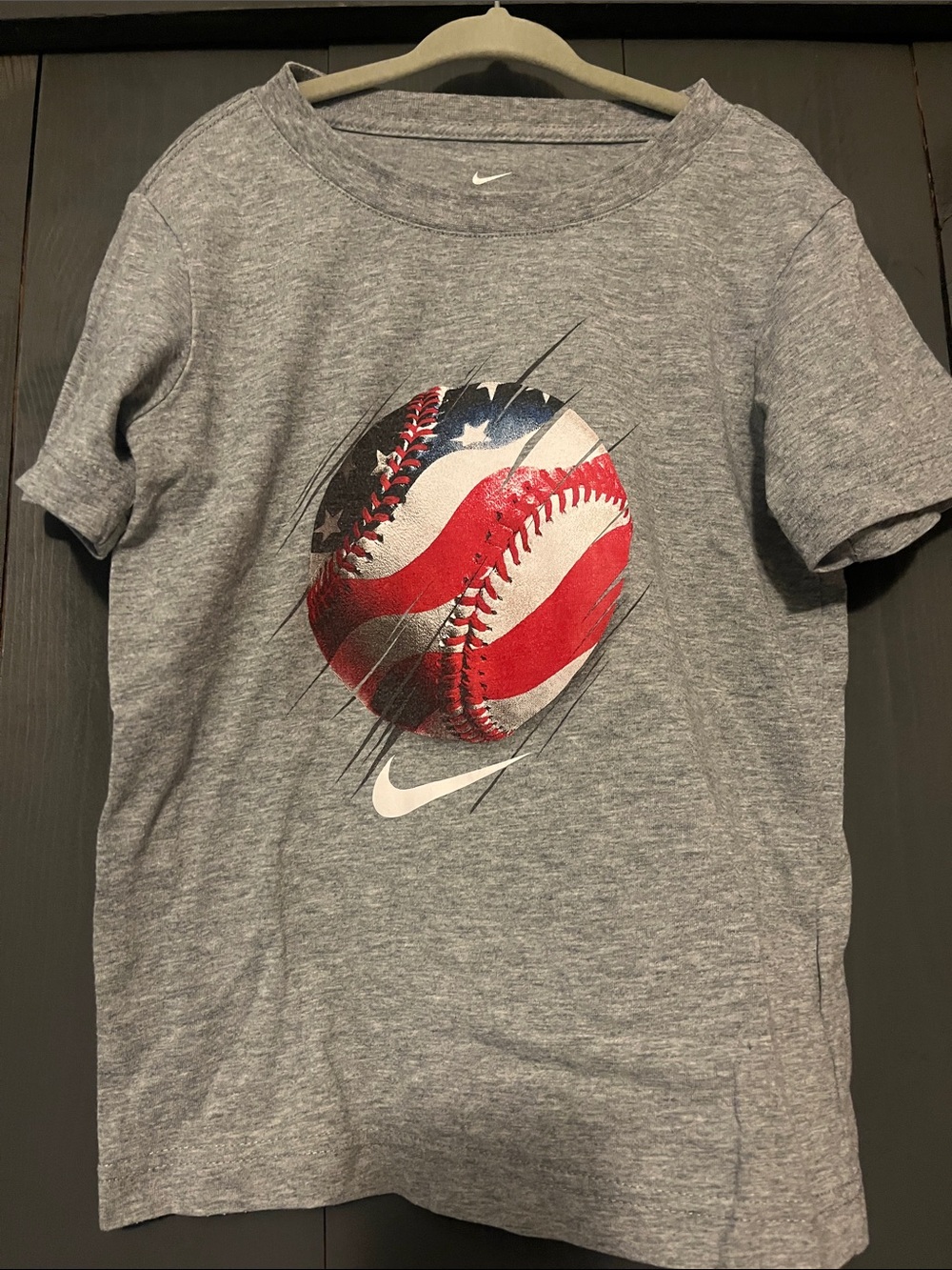 Nike Gray Kids Tee with American Flag Baseball Graphic